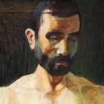 Detail of an oil painting portrait of a Miner. The Miner stands topless with arms folded against a dark background.