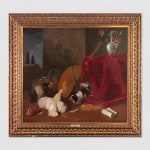 Painting of a still life with lute, carpet, dog, chickens and vase of flowers