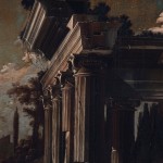 An oil painting of a landscape featuring figures beneath architectural ruins.