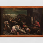 An oil painting of rural people preparing slaughtered animals for food.