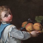 Detail of an oil painting of a young boy with a fruit platter.
