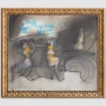 Oil on canvas painting in grey, blue, black and yellow of abstracted figures interacting.