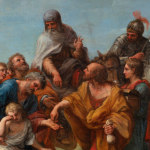 Detail of painting representing various figures of men and a soldier on horseback.