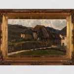 An oil painting of a cottage on the road.
