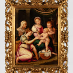 An oil painting of the mystical marriage of Saint Catherine to baby Jesus.