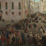 Detail of an oil painting of a carnival in Piazza S.Marcello, Rome.