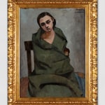 An oil painting of a woman sat in a chair wrapped in a green blanket.