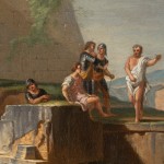 Detail of an oil painting of figures gathered on ancient ruins.