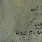 A detail of an oil on canvas abstract grey painting with white and black highlights.