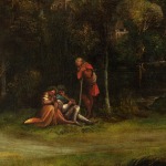 Detail of painting with three figures in a bucolic setting.