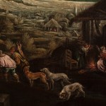 Detail of an oil painting of rural people preparing slaughtered animals for food.