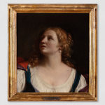 Painting of the face of a woman with long wavy blond hair.