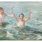 An oil painting of children playing in the water.
