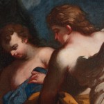 Detail of an oil painting of the biblical event the Trinity, three angels visiting Abraham at the Oak of Mamre (Genesis 18:1–8). Abraham, dressed in darker tones, kneels at the feet of the angels, draped in vibrant blue and gold. Artwork details: Artist: Antonio Balestra (copy). Artwork title: Abramo e la Trinità.