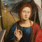 Detail of an oil painting of Saint Catherine, Anthony of Padua and Ursula, set in a natural landscape. The detail shows the face of Saint Ursula.