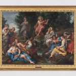 An oil painting of The Parnassus, a mountain in central Greece adjacent to the site of the ancient city of Delphi that in Greek mythology was sacred to Apollo and the Corycian nymphs and the home of the Muses. Apollo stands off to the left in his military garb while the Corycian nymphs play music and the muses recline in the foreground around a stream.