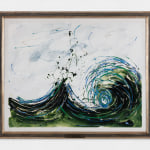 An abstract oil painting that uses fast-paced paint application to capture the movement of crashing waves in blue, green and yellow against a white background.