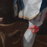 Detail of an oil painting of a young boy with a fruit platter.