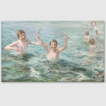 An oil painting of children playing in the water.