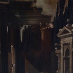 An oil painting of a landscape featuring figures beneath architectural ruins.