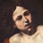 Detail of an oil painting of San Giovannino with a sheep.