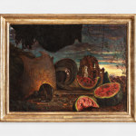 An oil painting of a landscape with watermelons and shells.
