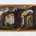 An oil painting of the demolition of an ancient, ruined portico. A group of figures can be seen dismantling the building alongside a dog.