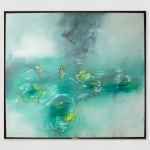 Abstract oil painting in green, yellow, white and black.