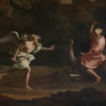 Detail of an oil painting of a landscape with the Prophet Balaam and an angel.