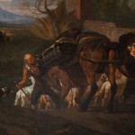 Detail of an oil painting of a landscape with figures and aqueducts.