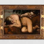 An oil painting of a sleeping menade. In Greek mythology, maenads were the female followers of Dionysus. One figure lays sleeping while another leans over, placing a hand on their shoulder.