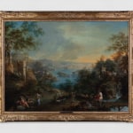 Painting depicting a bucolic landscape and several figures conversing.