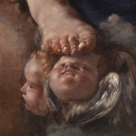 Detail of the painting depicting a foot on the faces of putti.