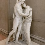 A marble sculpture depicting a scene from the Iliad, a major ancient Greek epic poem attributed to Homer, where the character Hector is saying farewell to his wife Andromache and son Astynax so that he could fight in the Trojan War.