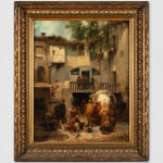 An oil painting on canvas depicting a courtyard filled with people gathered around a male figure alongside a horse, cart, and dogs.