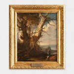 An oil painting of a landscape, a large tree and a soldier with a Halberd.