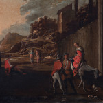 An oil painting of a landscape featuring figures beneath architectural ruins.
