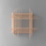 Three-dimensional abstract sculpture made by superimposing numerous balsa sticks, cotton thread and glue.