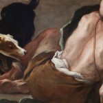 Detail of an oil painting of the rich man and Lazarus parable found in the gospel of Luke 16: 19–31. The name Epulone has been attached in Italy to the rich man, but also generically refers to a feaster (with pejorative gluttonous suggestion). The word's etymology comes from a banquet prepared in honour of the gods. The painting depicts a rich man with empty plates, surrounded by servants after finishing his meal, while in the foreground is the beggar Lazarus. Artwork details: Artist: Luca Giordano. Artwork title: La cena del ricco Epulone. Artwork year: 1663. Artwork medium: Oil on canvas. Artwork dimensions: 199 x 246 cm
