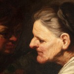 Detail of an oil painting of the Greek mythology story of Arachne. The face of an older female figure is in the foreground of the image in front of another face looking in the opposite direction and cloaked in shadow.
