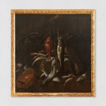 An oil painting of a still life with fish and copper basin.