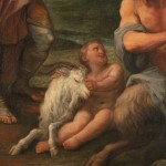 Detail of an oil painting depicting a story from Ovid's Metamorphoses, the Judgment of Midas. Pan, centre-right with goat legs, challenged the god of music, Apollo, centre-left, cloaked in red, to a musical competition. King Midas disagreed with Apollo as the winner, and so Apollo gave Midas donkey ears for his bad judgment. The detail shows a small figure with a white goat.