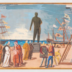 Detail of a tempera painting with a view of a port with a central sculpture, figures and architectural elements of classical inspiration.