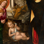 Detail of an oil painting of the adoration of the Christ Child.