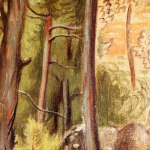 Detail of an oil painting of a still forest in greens, yellows and browns. Artwork details: Artist: Giorgio De Chirico. Artwork title: Bosco silente. Artwork date: 1925. Artwork medium: Oil on canvas. Artwork dimensions: 51 x 60.5 cm.
