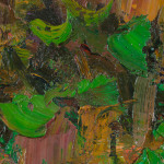 Detail of an abstract oil painting of a landscape in green, brown and blue.