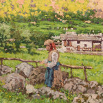 Detail of a landscape oil painting of a day at noon in May around Ivrea, Italy, showing a mountain, village and figure in the field.