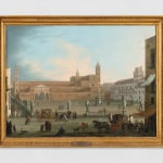 An oil painting of a busy market square in Palermo, Sicily, filled with sculptures, people and horse-drawn carriages, overlooked by a cathedral.
