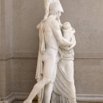 A marble sculpture depicting a scene from the Iliad, a major ancient Greek epic poem attributed to Homer, where the character Hector is saying farewell to his wife Andromache and son Astynax so that he could fight in the Trojan War.
