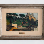 An oil painting of the Villa Medici in a Roman landscape.